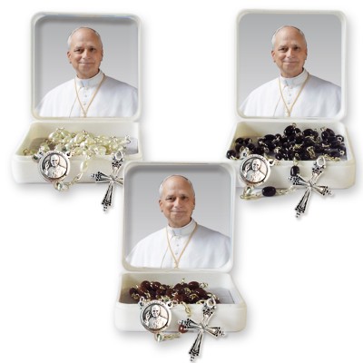 Large Rosary case "Pope Leo XIV" with Original Cross imitation pearl Rosary, oval grains