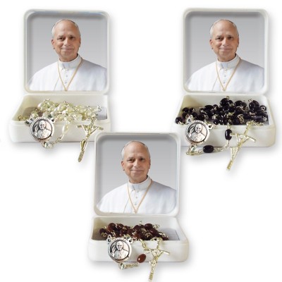Large Rosary case "Pope Leo XIV" with imitation pearl Rosary, oval grains