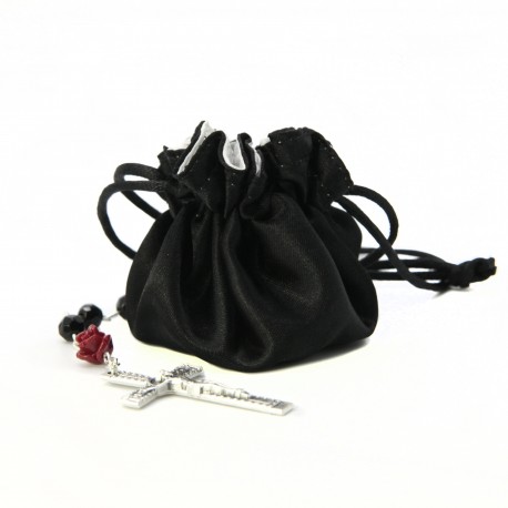 Satin pouch with coral rose and black pearl rosary