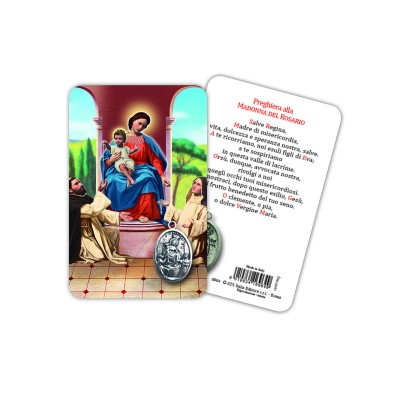 Our Lady of the Rosary - Plasticized religious card with medal