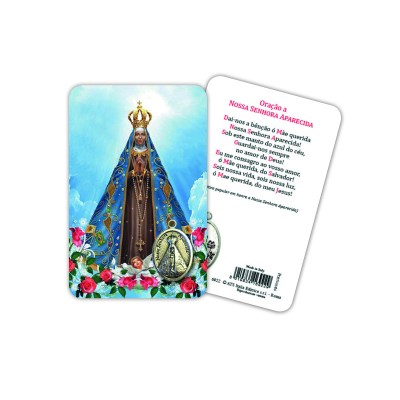 Our Lady of Aparecida - Plasticized religious card with medal