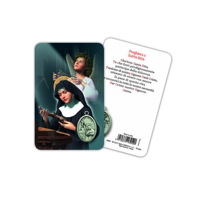 Santa Rita - Immagine religiosa plastificata (card) con medaglietta
