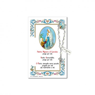 Madonna di Lourdes - Immagine sacra su carta pergamena con spilletta decina rosario