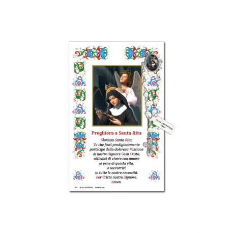 Saint Rita - Holy picture on parchment paper with decade rosary pin