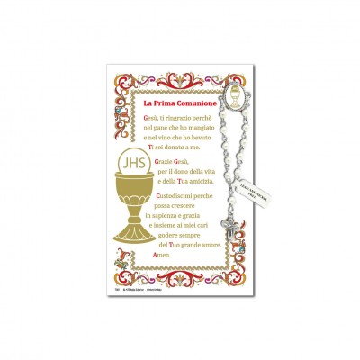 First Communion - Holy picture on parchment paper with decade rosary pin