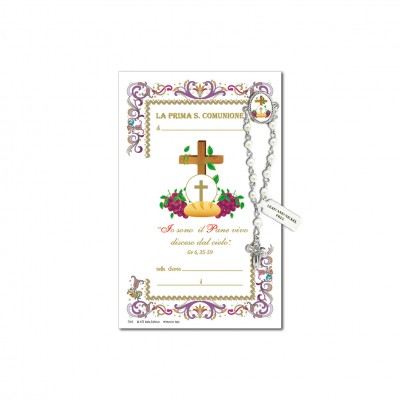 First Communion - Holy picture on parchment paper with decade rosary pin